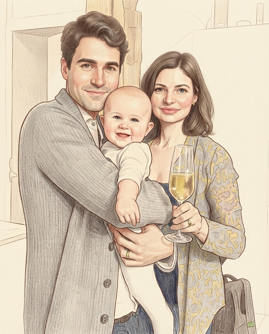 Ritratto illustrato di Boris, fondatore di Lunio, con la moglie e la loro bambina
