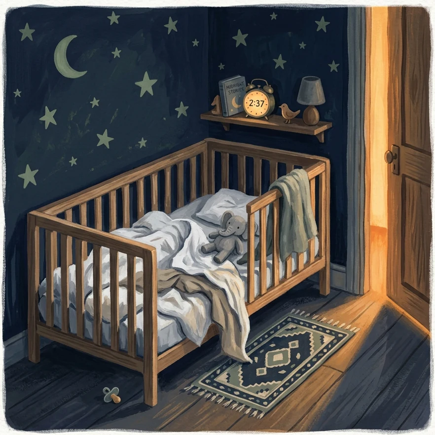 A toddler standing in a cot in a dimly lit navy bedroom, arms raised, viewed from the doorway — warm amber light from the hallway spilling in