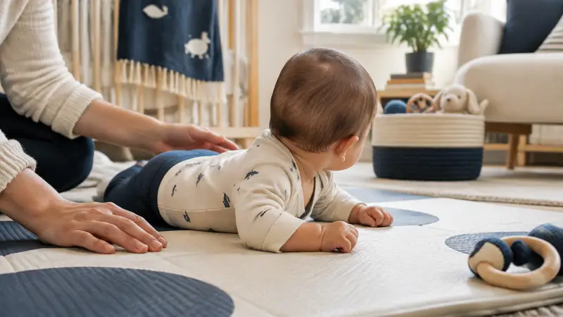 A parent comforting a baby safely in a clear crib during the rolling milestone.
