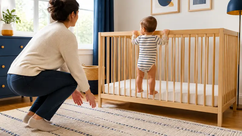 A baby standing safely in a lowered, empty crib while a parent watches nearby.
