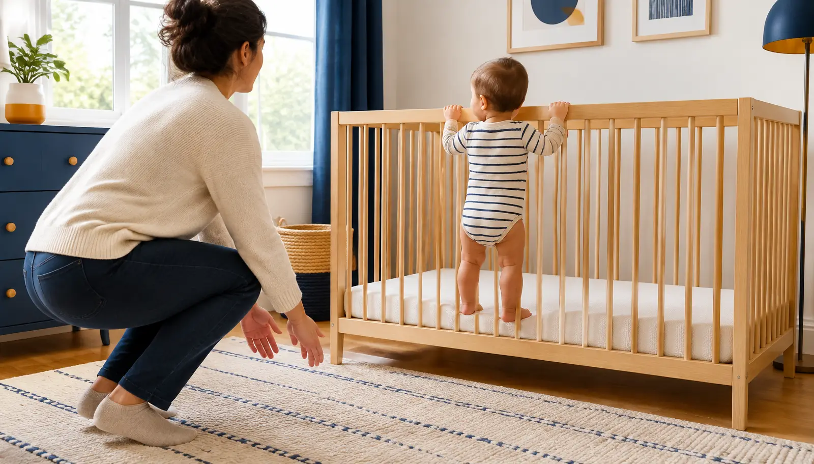 A baby standing safely in a lowered, empty crib while a parent watches nearby.
