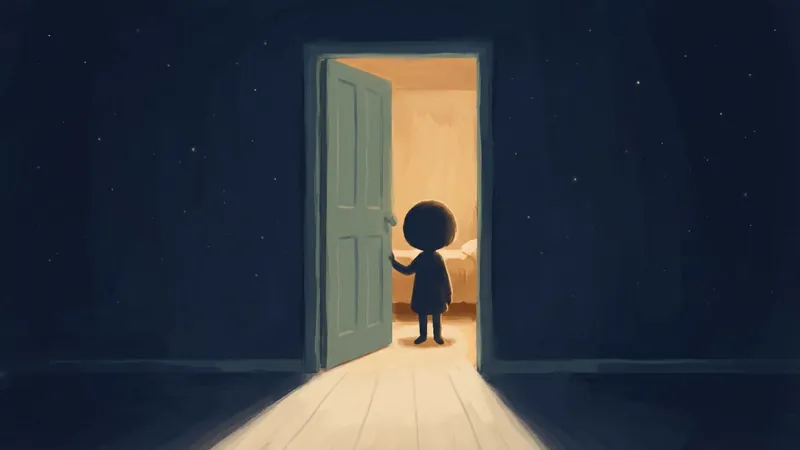 A small child silhouetted in a half-open bedroom doorway, warm amber light spilling into a navy hallway at dusk