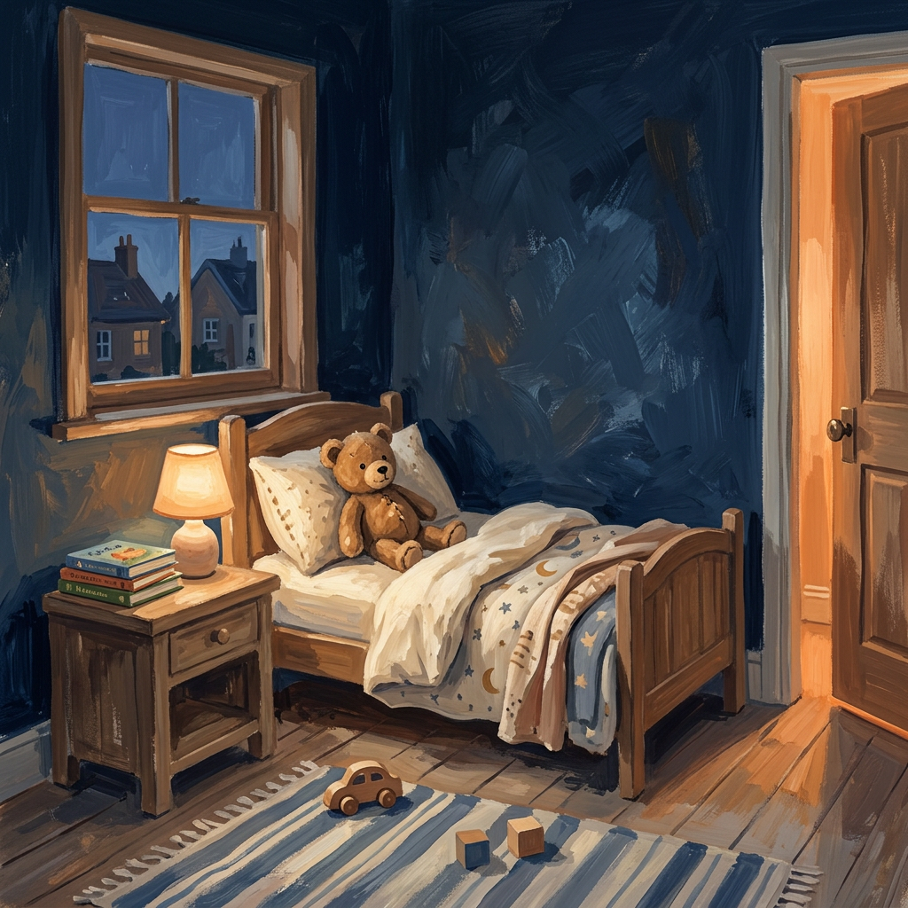 A 3-year-old in pyjamas sitting up in a navy bed holding a picture book, warm amber lamplight, a parent's hand visible turning a page — calm and connected before lights out