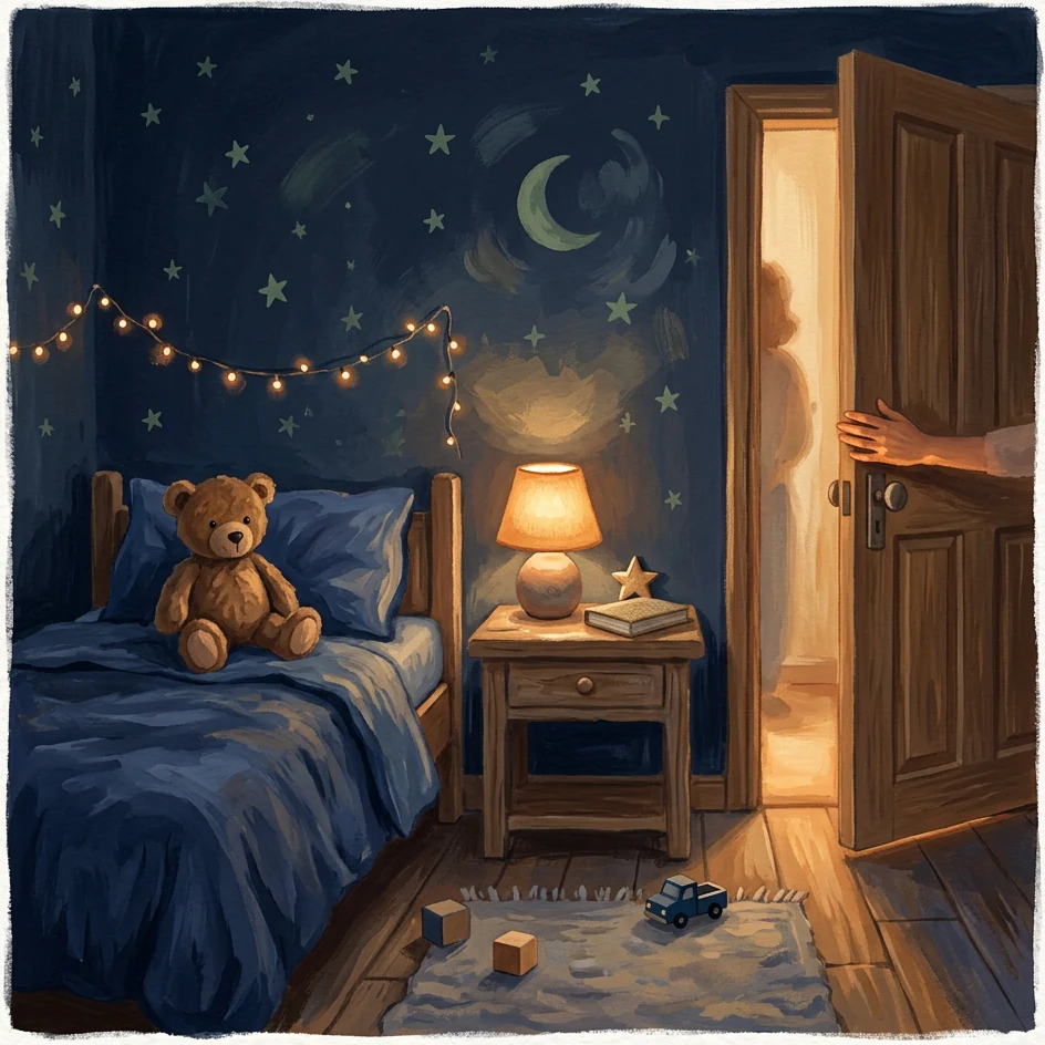 A warm toddler bedroom at dusk — a small child's bed with navy bedding and a stuffed animal, soft amber lamp light, a parent's hand visible at the doorway — the moment of leaving