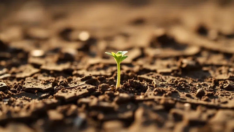 A small seedling pushing up through cracked soil in morning light, no hand in frame.