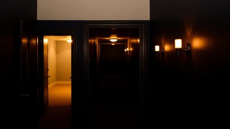 Dos pasillos en penumbra que parten de la misma puerta, iluminados de forma distinta pero que llevan a la misma habitación.