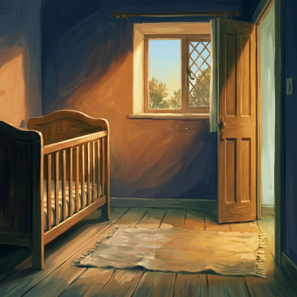 A painterly afternoon nursery scene — empty unmade toddler bed, soft toys on the floor, warm amber afternoon light through curtains