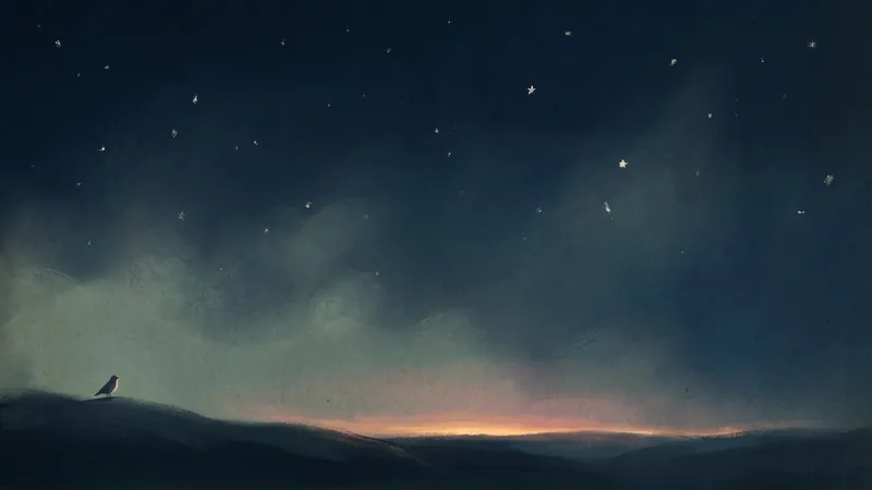 A pre-dawn horizon with the first thin sliver of amber sunrise under a still-dark navy sky and fading stars