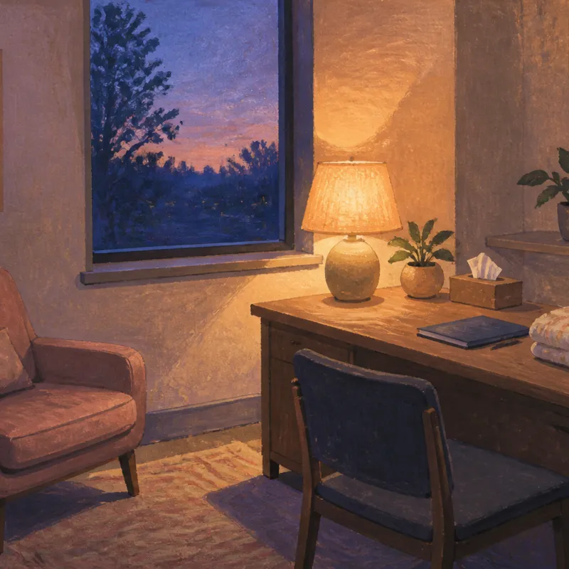A quiet clinic consultation room at dusk, warm lamp light