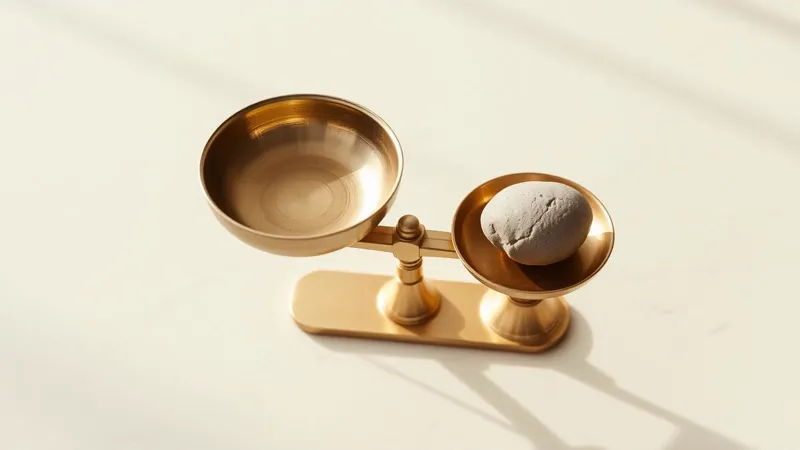 Une balance toute simple posée sur une surface plane, des pièces d'un côté et une bougie allumée de l'autre, les deux plateaux à peu près à niveau.