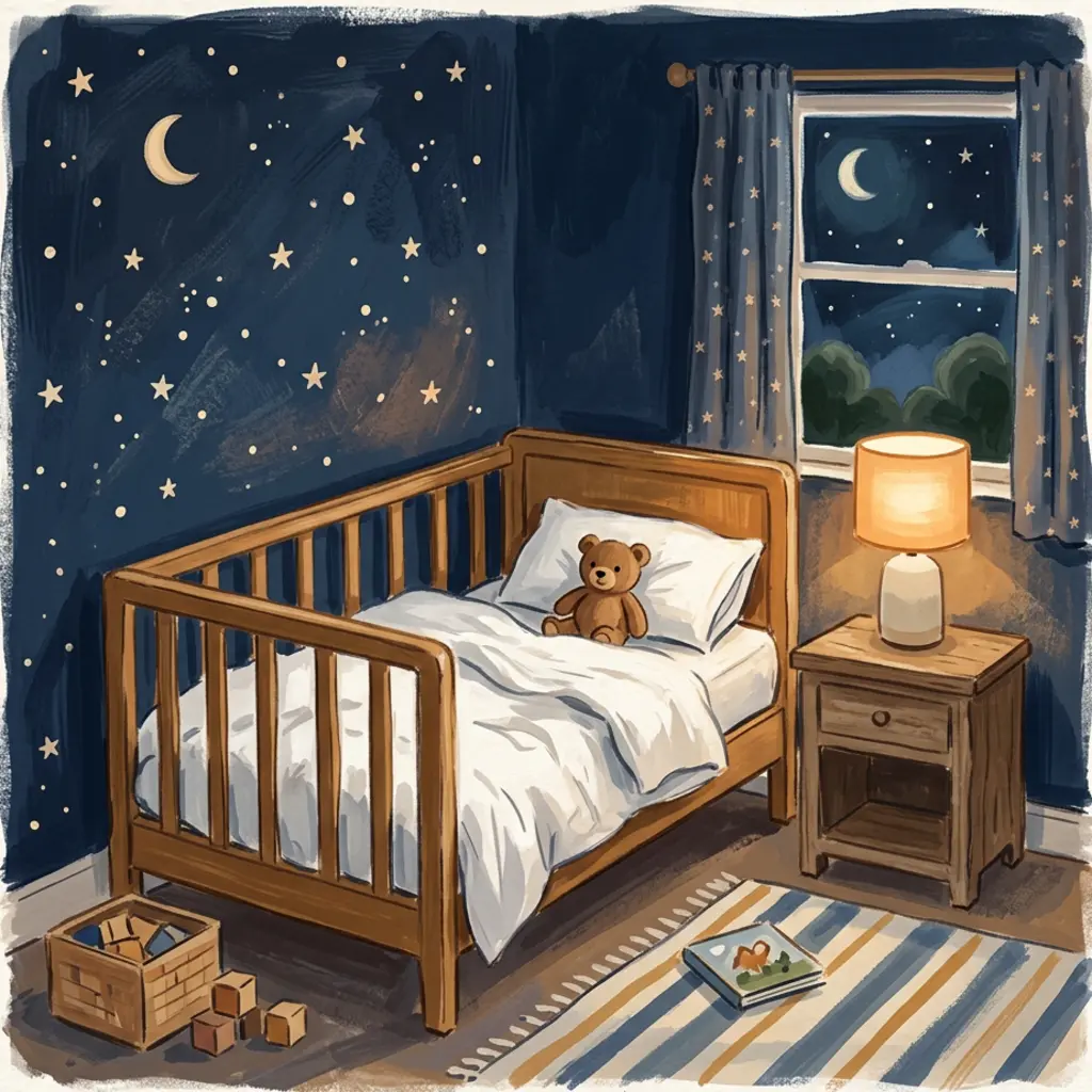 A 2-year-old asleep in a navy cot, soft amber light from a small lamp, a stuffed bear tucked beside them, peaceful and still