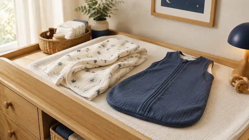 An arms-free baby sleep sack ready beside a calm nursery crib.
