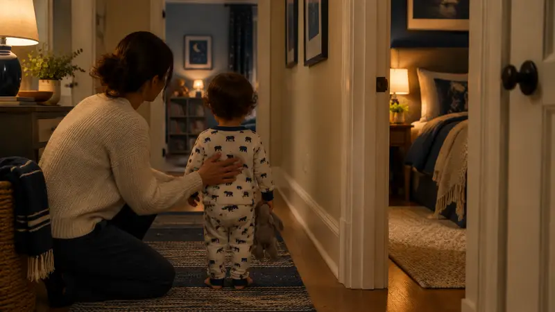 A parent calmly guiding a toddler back to their own bed at night.