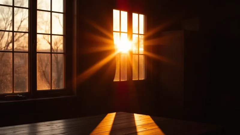 Een keukenraam in de schemering met zacht opstijgende stoom uit een pan, vervagend daglicht buiten en warm binnenlicht dat net begint te branden.