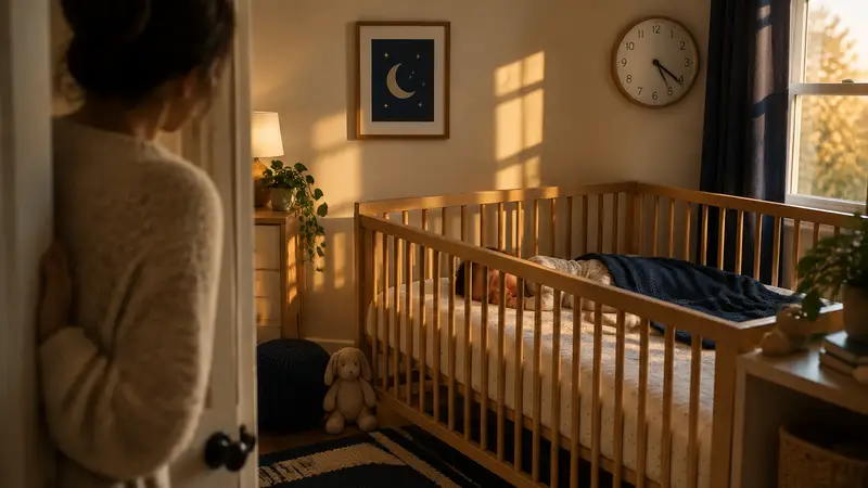 A peaceful late-afternoon nursery illustrating the timing of the final nap.