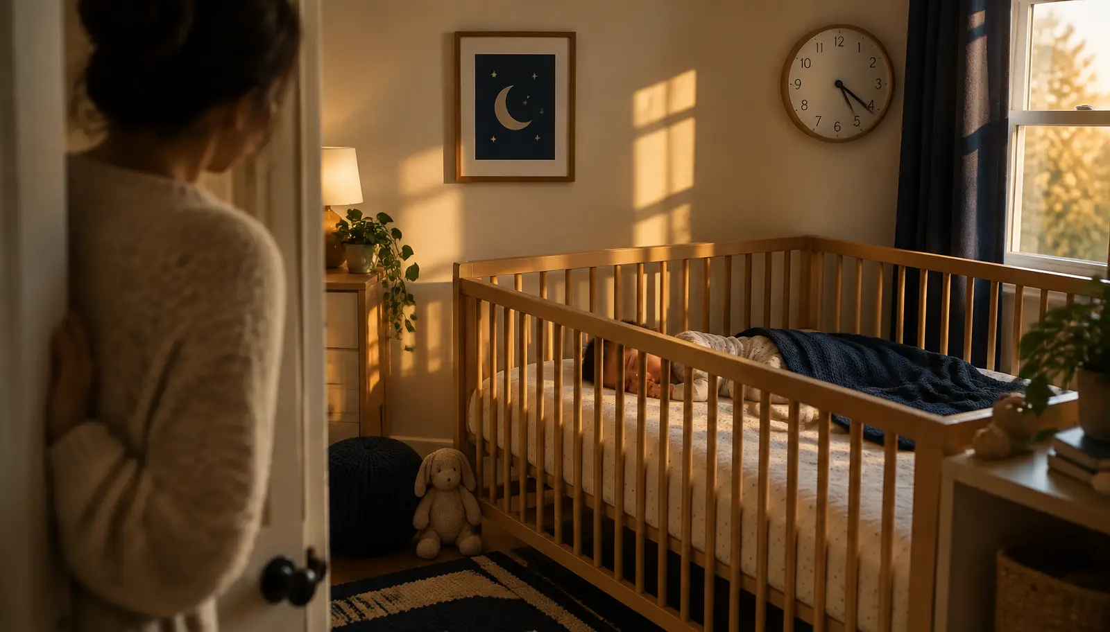 A peaceful late-afternoon nursery illustrating the timing of the final nap.