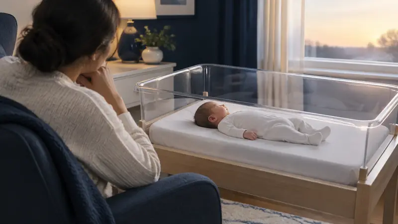A newborn sleeping safely in a bedside bassinet while a parent rests nearby.