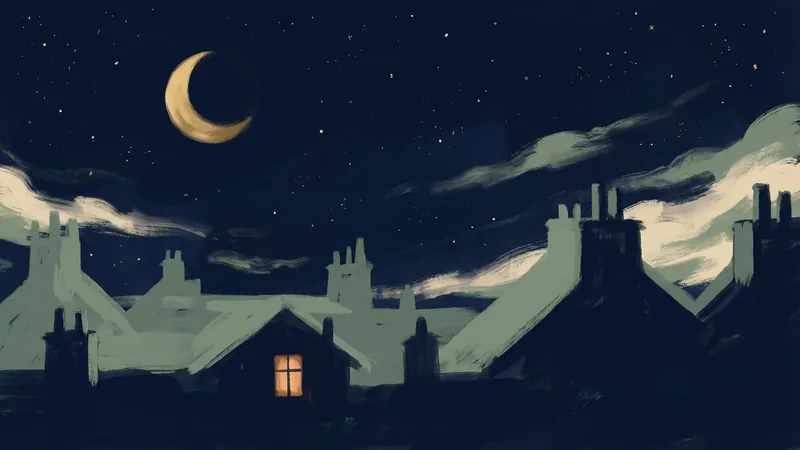 A crescent moon over quiet rooftops at night, with a single window glowing warm amber against a deep navy starfield
