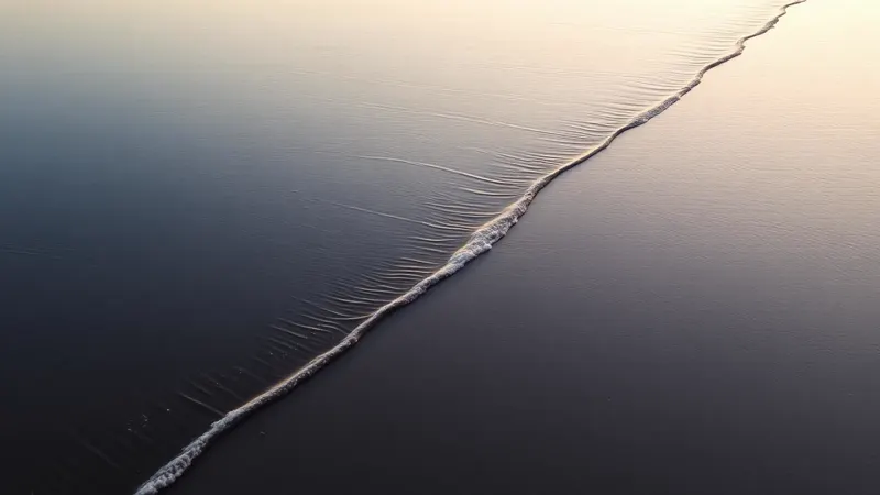 En tidevandslinje i vådt sand, en bølge der når samme mærke som før, en anden bølge længere nede ad stranden der kryber højere op for hver gang den vender tilbage.