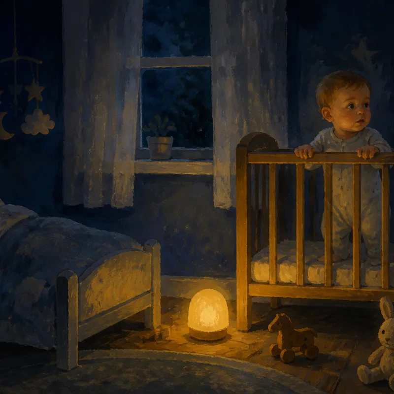 A dim nursery at night with a toddler bed and a cot, indigo shadows and warm amber lamplight