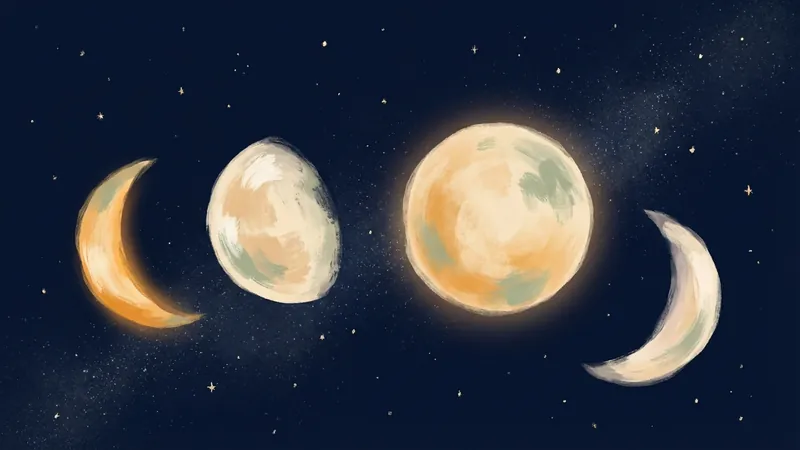 A painterly sequence of moon phases — crescent, gibbous, full, waning — drifting across a deep navy starfield