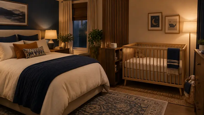 A clear crib in a calm parent bedroom prepared for a consistent bedtime routine.
