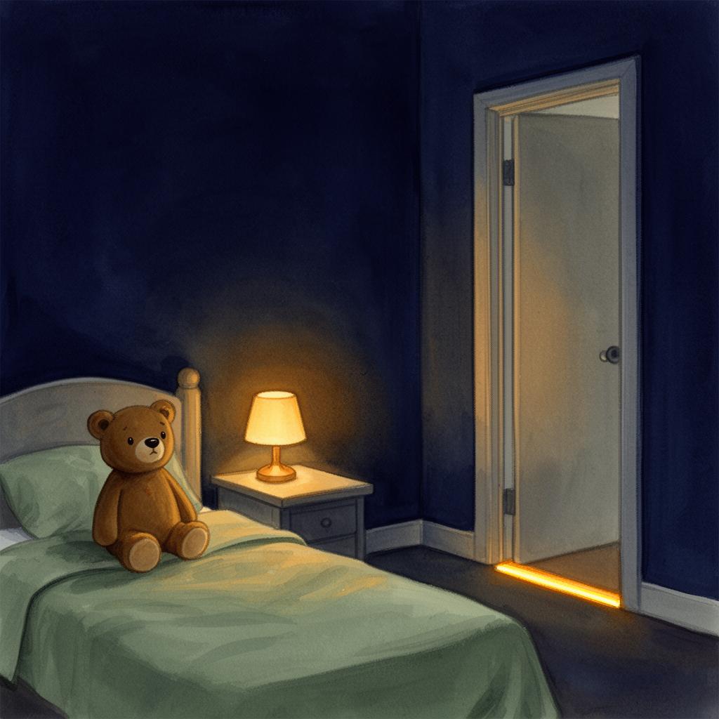 A toddler's bedroom at night — a soft warm amber glow from a small lamp casting gentle shadows on a navy wall, a stuffed animal sitting upright on a child's bed, hallway light visible under the door