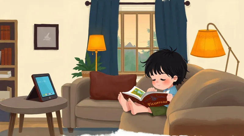 A toddler's living room at early evening — a tablet face-down on a side table, dim amber lamps on, a child with a picture book on the sofa — the 90-minute window in practice