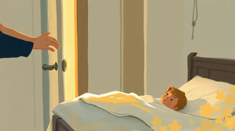 A parent's hand at a partly open bedroom door, warm hallway light spilling onto a small toddler's bed — the bridge across the goodbye