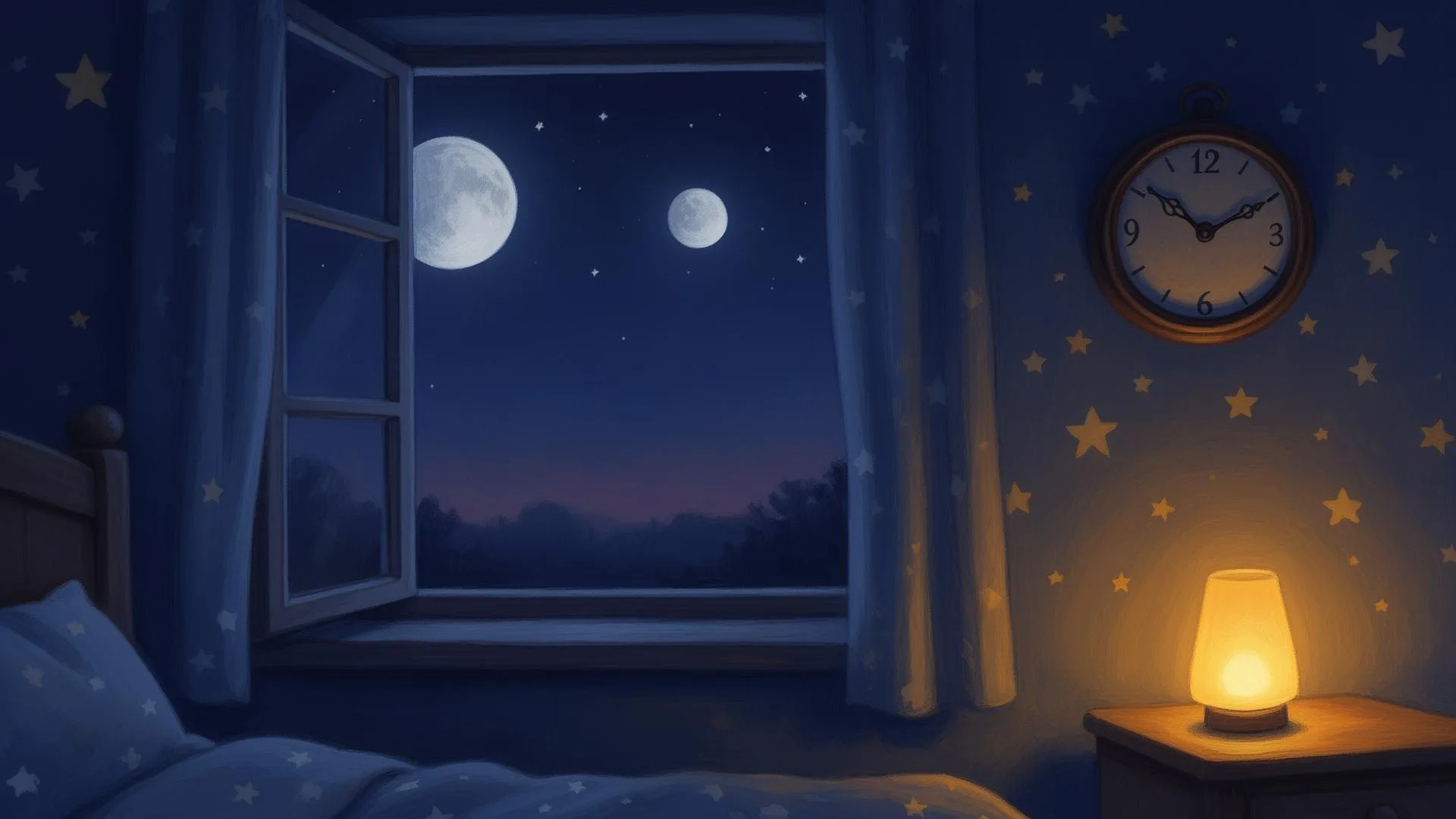 A child's bedroom window at twilight with two faint moons and a wall clock — the time-shift moment