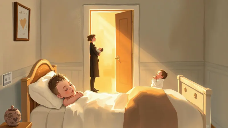 A toddler asleep in their own bed, soft warm light from the doorway where a parent silhouette holds a swaddled newborn