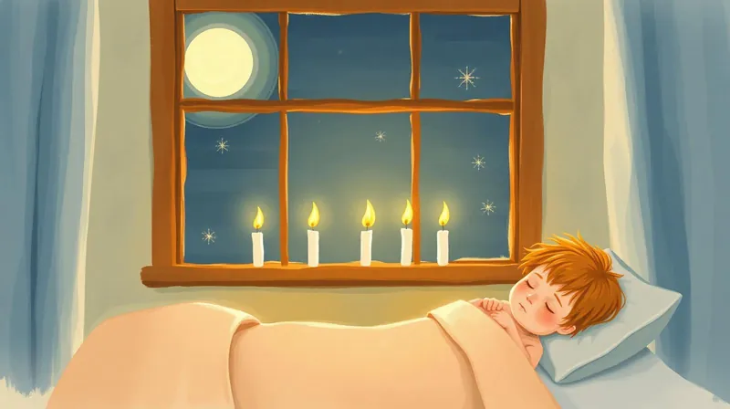 Five small candles in a row on a windowsill above a sleeping toddler, the third candle flickering brightest — the 5-night reset arc