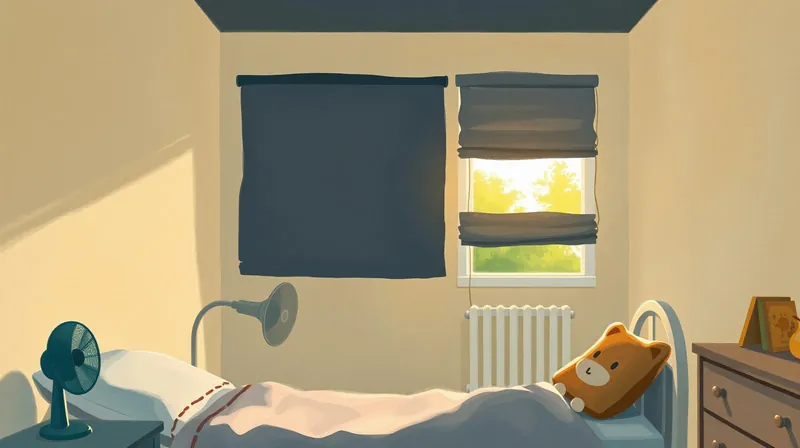 A toddler's bedroom with blackout blinds drawn in summer, a sliver of bright midsummer light at the edges, a small fan and a soft toy on the bed