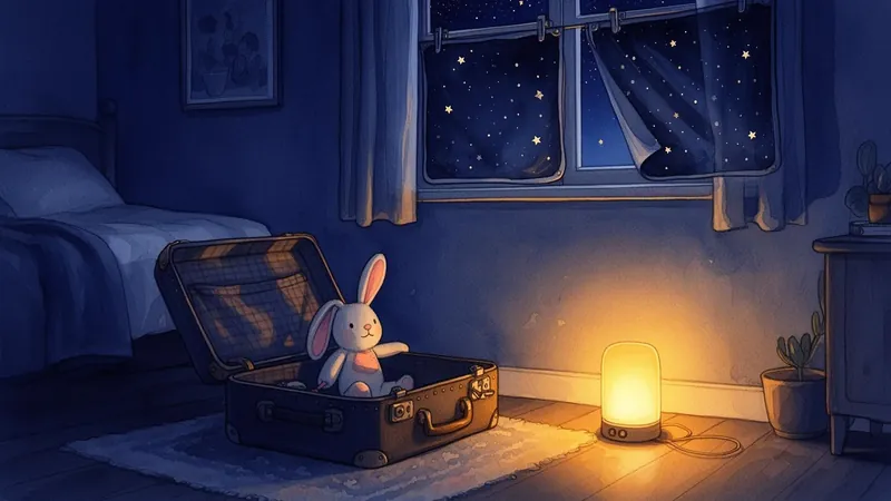 Open suitcase with a stuffed bunny on the floor of an unfamiliar bedroom with portable nightlight