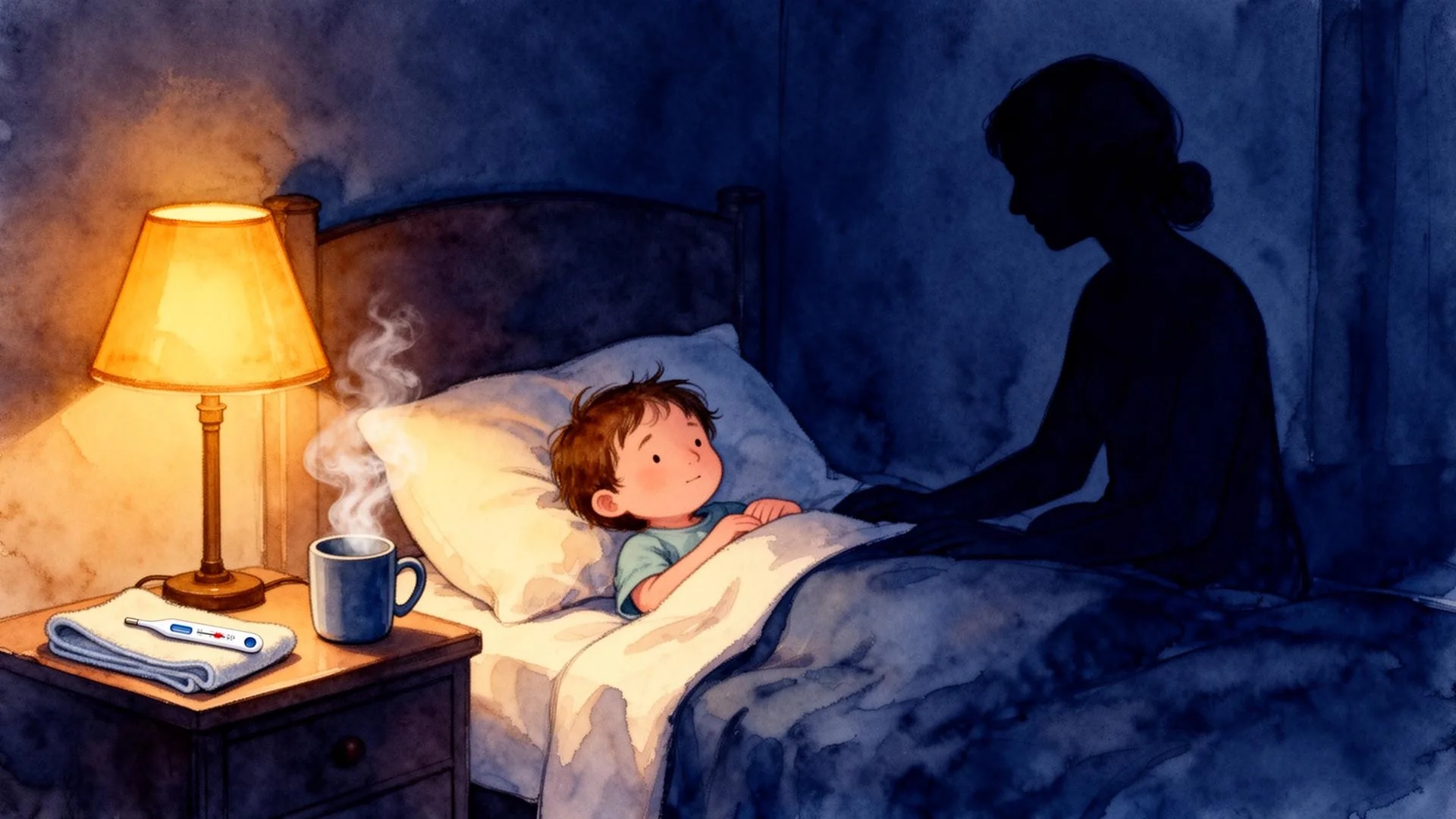 A small child tucked in bed with parent silhouette at the bedside, soft warm lamp light