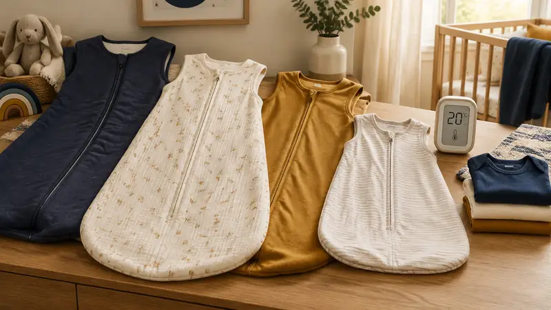 Several baby sleep sacks arranged by warmth beside a nursery thermometer.