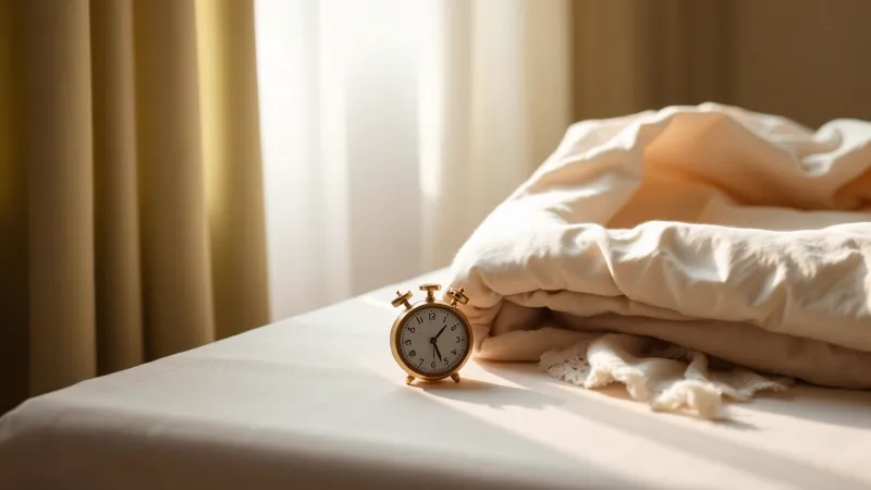 Et timeglas liggende på siden med sandet frosset midt i strømmen, et enkelt sandkorn svævende mellem de to kamre, blødt dagslys.